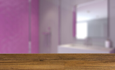 Fototapeta na wymiar Modern bathroom including bath and sink. 3D rendering.. Background with empty wooden table. Flooring.