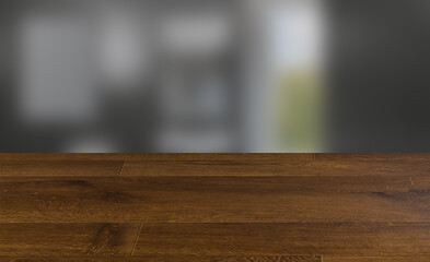 Spacious bathroom in gray tones with heated floors, freestanding tub. 3D rendering. Blank paintings.  Mockup., Background with empty wooden table. Flooring.