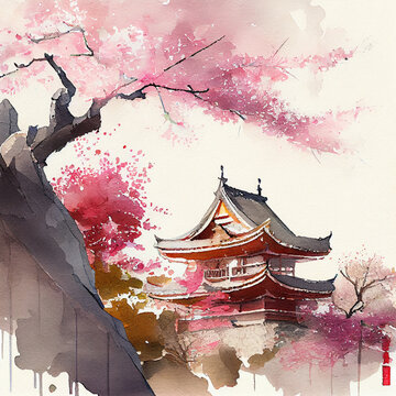 Cherry blossom Japan watercolor art, AI generative