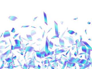 Cheerful falling confetti decoration vector background. Blue  hologram particles fiesta decor. Cracker poppers flying confetti. Prize event decor illustration. New Year design.