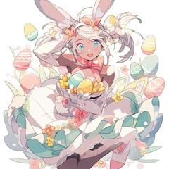 Fototapeta na wymiar Cute Easter Bunny Anime Girl