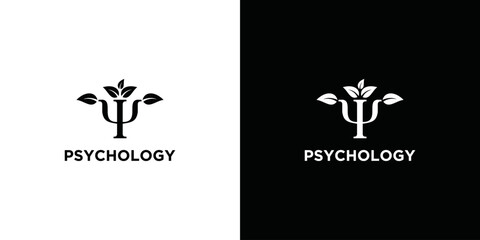 Psi green Greek letter with leaves. Neuropsychology and psychology logo isolated on black and white. Psychotherapy concept - obrazy, fototapety, plakaty