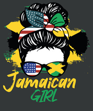 Jamaican Girl messy bun, american flag and jamaican flag, cool sunglass, Jamaica afro girl, Jamaica woman flag flag T-shirt design