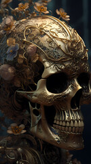 Golden mechanical patterned flower skull (Generated Ai)