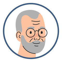 Portrait of a smiling senior man vector isolated. Male character with grey hair and beard. Elderly person wearing glasses. Avatar of senior character.