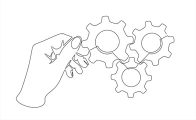 continuous one single line drawing of hand holding gears, tech development, engineering, technology
