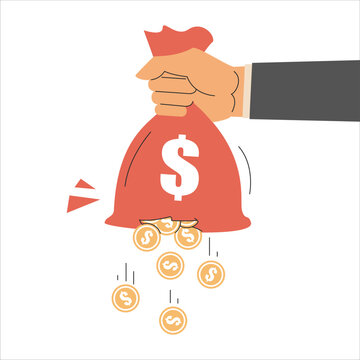 Hand holding torn money bag vector isolated. Golden coins falling out of the red money bag. Concept of financial crisis, debt and high tax.