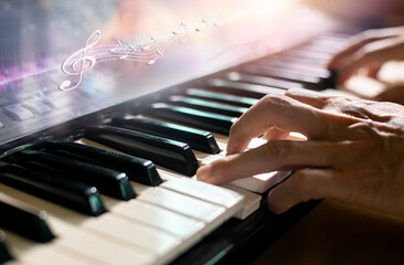 A piano keyboard background is set up in the music room by the window in the morning for pianists...