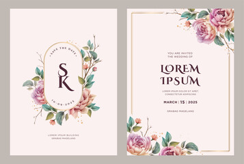Wedding invitation card with peonies flowers - obrazy, fototapety, plakaty