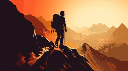 Fototapeta premium silhouette illustration of a traveler in the mountains with a heavy backpack, sunset