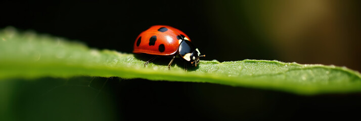 Obraz premium Ladybug with black eyes in macro. Super macro photo of insects and bugs. Ladybug on green leaf. digital ai art