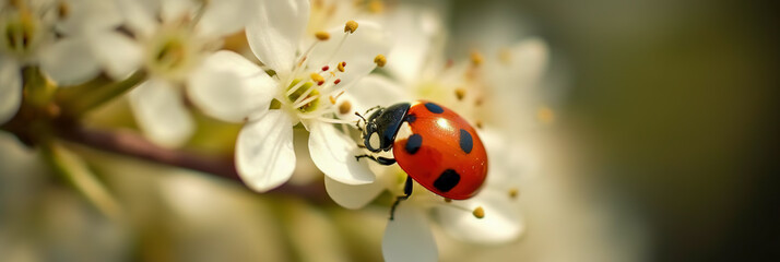 Obraz premium Ladybug with black eyes in macro. Super macro photo of insects and bugs. Ladybug on white flower. digital ai art
