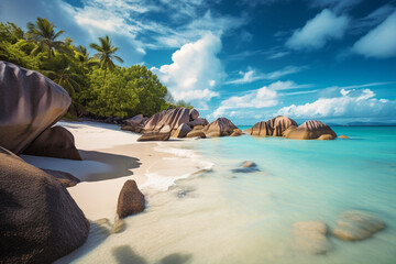 Generative ai untouched sandy beach with palms trees and azure ocean