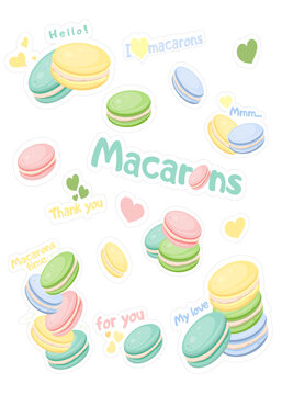
a set of stickers with macaroons with different berry fillings, yellow, blue, pink, green, cakes of different flavors
