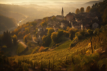Obraz premium Generative ai stunning sunset panorama of small villages on green hills