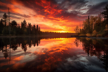 Fototapeta premium Generative ai stunning majestic red sunset panorama on lake