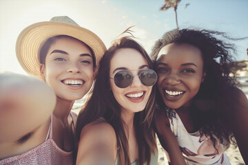 Generative ai young women happy smiling group multiethnic friends taking selfie