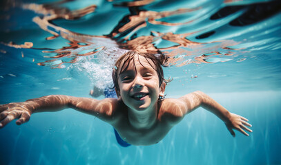 Happy boy swimming underwater in a swimming pool by generative AI