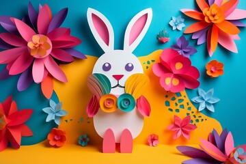 Easter bunny with colorful flowers, festive celebration, paper art. Created using generative AI.