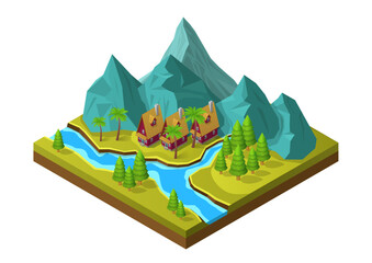 isometric mountain with river