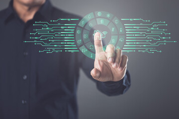 Smart Home and new technology to management the house, House intelligent control system concept, Hand shows the signs of smart home icon on dark background, Idea of new smart solution.