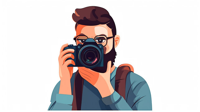 illustration of a bearded photographer wearing glasses looking through the viewfinder of a camera