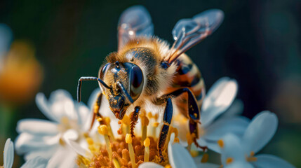 Abeja tomando el nectar de miel en una flor, tecnica de macrofotografia