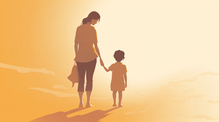 Fototapeta premium illustration of mother and daughter holding hands, standing back to front, sunset with nice warm colors