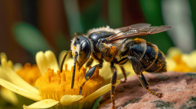 Abeja tomando el nectar de miel en una flor, tecnica de macrofotografia