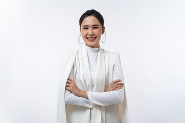 Elegant confident young Asian businesswoman with arms crossed isolated in white background.