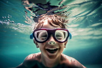 Naklejka premium Happy boy underwater wearing goggles in a swimming pool by generative AI