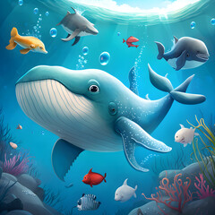 Smiling whale swimming with fishes in the sea, generative ai