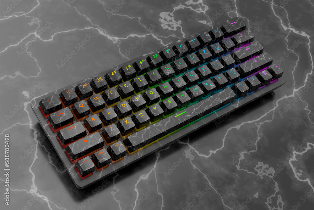 Poster realistic computer keyboard with black marble texture isolated on dark