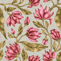 Vintage floral pattern. Bohemian ornament for textiles. Grunge texture with fabric imitation. - 588780809