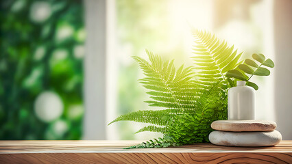 Wooden table with fern plant on blurred  open window background. Scene stage showcase for beauty and spa products, cosmetics, promotion sale or advertising. Front view, copy space. Generative ai