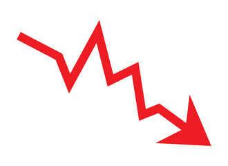 Red arrow going down stock icon on white background. Decrease, Bankruptcy, financial market crash icon for your web site design, logo, app, UI. graph chart downtrend symbol.chart going down sign.	