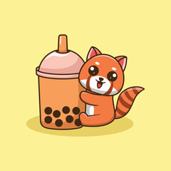 Vector Cute Red Panda Hugging Boba Illustration. Kawaii Animal and Drink Cartoon Character Design For Banner, Poster, Icon, and Mascot