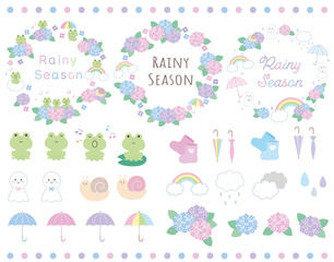 梅雨の季節のフレームとかわいいあじさいやかえるなどのイラスト素材セット