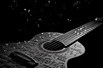 Obraz premium Classic wood guitar with musical notes score. Wooden musical play instrument with strings. Ai generated