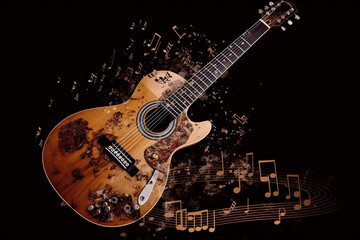 Plakat Classic wood guitar with musical notes score. Wooden musical play instrument with strings. Ai generated