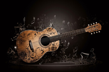 Classic wood guitar with musical notes score. Wooden musical play instrument with strings. Ai generated - 588781652