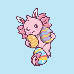 illustration of a cute axolotl celebrating easter day in cartoon style, and carrying some eggs in his hands