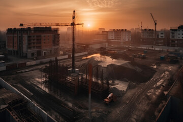 Fototapeta na wymiar Construction site at sunset, showing towering buildings in various stages of construction, surrounded by cranes and heavy equipment.Ai generated