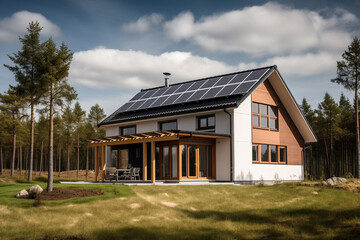 Residential homes powered by renewable energy sources such as solar panels and wind turbines. Ai generated..