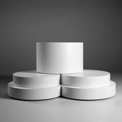Three Round podium stand for product presentation. white color, empty background, simple and modern