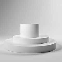 Three Round podium stand for product presentation. white color, empty background, simple and modern