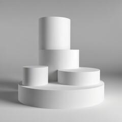 Three Round podium stand for product presentation. white color, empty background, simple and modern
