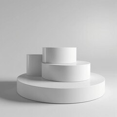 Three Round podium stand for product presentation. white color, empty background, simple and modern