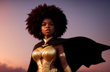 African american superhero. Portrait of black woman n fantastic costume. Generative AI.