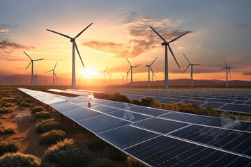 Fields with solar panels and wind turbines at sunset, showcasing the beauty of renewable energy. Ai generated